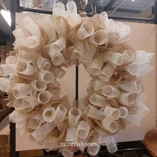 Deco mesh krans ivory curls